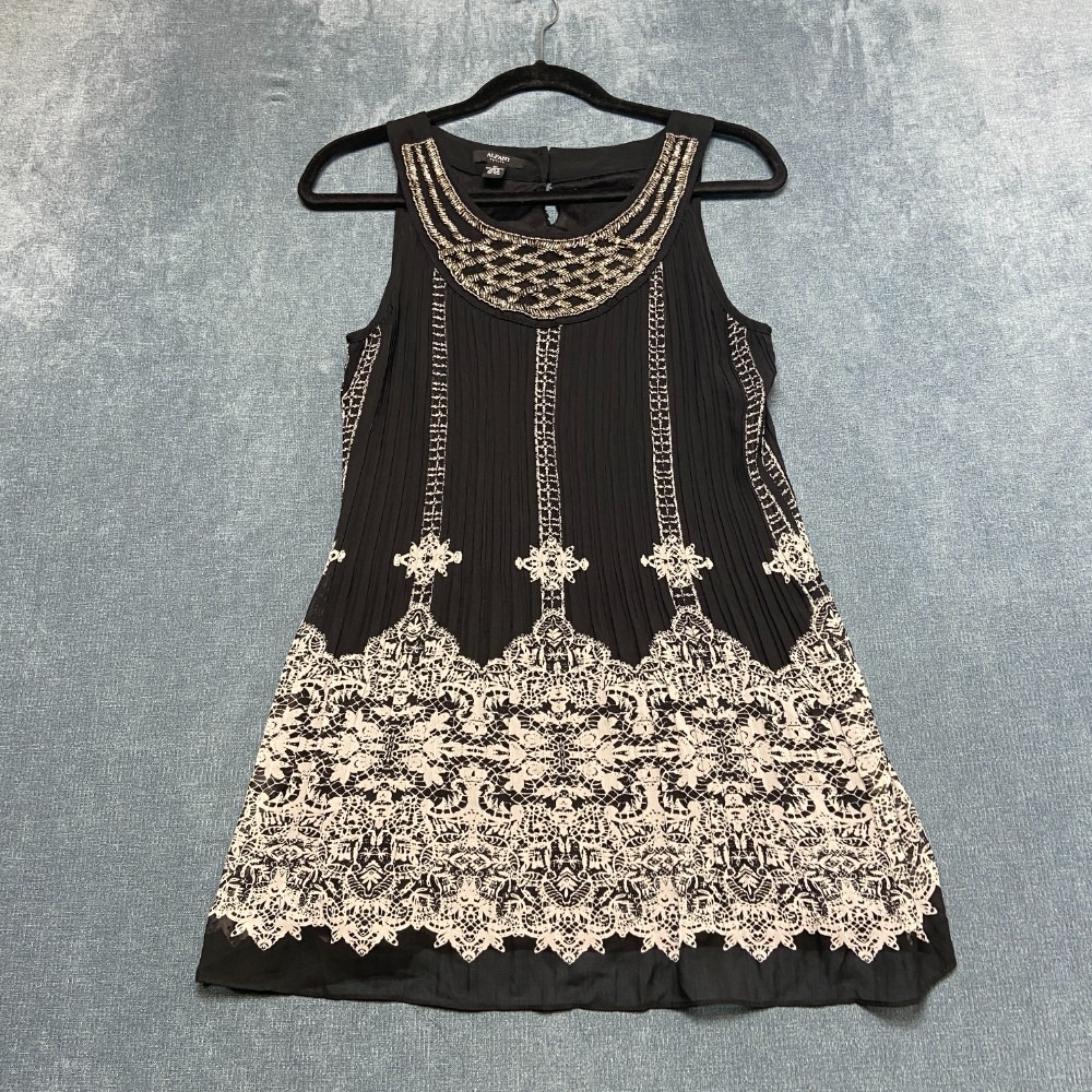 Alfani Tunic Dress Womens 8 Petite Black Beige Pleated Sleeveless Lace Details